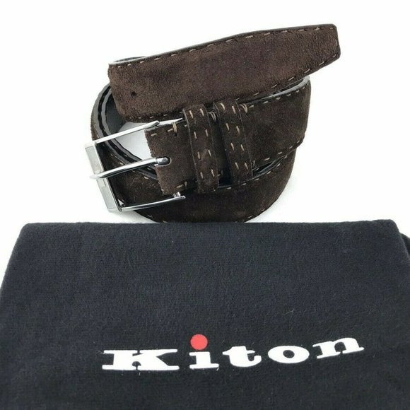 KITON Mens Belt 42” Brown Suede STERLING SILVER .9